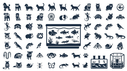 Fototapeta premium Diverse vector animal icons pets, wildlife (including a possum vector), insects, and an aquarium with fish. Comprehensive flat design graphic set