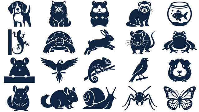Diverse animal silhouette possum vector icon collection, ideal for digital design projects, featuring a wide range of pets and wildlife perfect for microstock illustrations