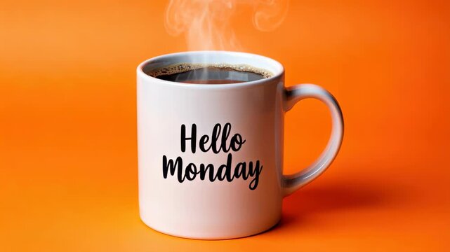 Morning Brew for the Week Ahead: A steaming mug with Hello Monday inscribed on it sits against a vibrant orange backdrop, promising a warm start to the week.