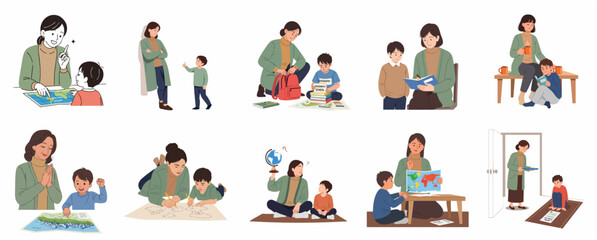 Set of illustrations showing a mother and son in various educational scenes, including studying geography with maps, reading books, and teaching concepts at home. © Mohaamed