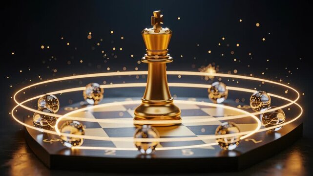 Golden Chess King Surrounded by Pawns: A majestic golden chess king stands as the centerpiece on a stylized chessboard, encircled by glowing rings and surrounding pawns.