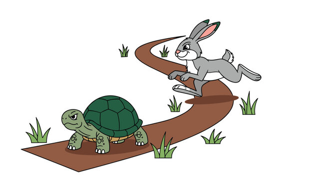 A determined green turtle walks slowly along a winding brown dirt path while a swift grey rabbit runs past it in a cartoon interpretation of a famous fable.
