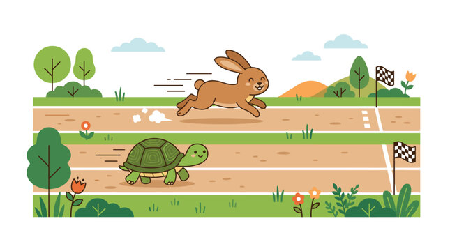 A brown rabbit leads a race on a sandy running track towards a distant checkered finish line as a green turtle continues its pace on a sunny day.