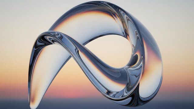 A clear, reflective, abstract Mobius strip-like sculpture against a blurred sunset sky.