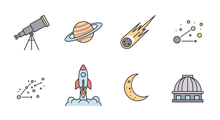 Space Exploration Icons: Telescope, Rocket, Planets, Comet, Moon, Observatory © abc