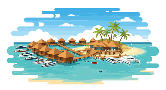 A central island reception building sits on a wooden deck surrounded by multiple motorboats and a catamaran in a clear blue shallow lagoon under bright skies.