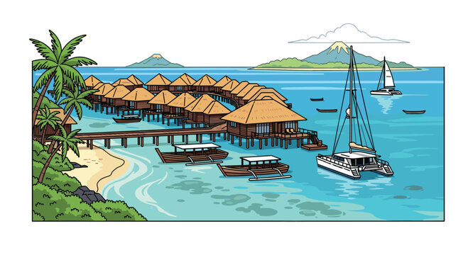 Traditional thatched roof huts on wooden piers extend from a sandy tropical beach into clear blue water where boats and a large catamaran are anchored peacefully.