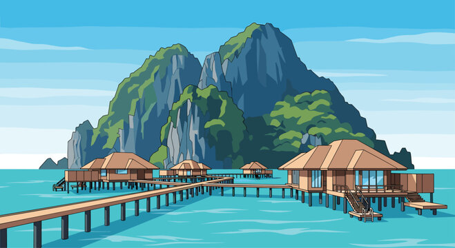 A tropical overwater bungalow resort complex stands on wooden stilts above calm turquoise waters with lush green jagged limestone mountains rising in the background.