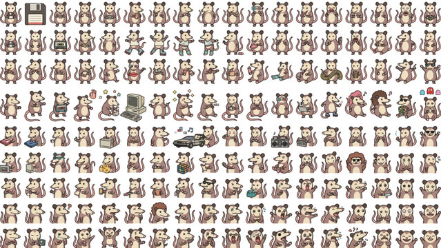 Large pixel art possum vector collection numerous charming opossum characters, diverse poses, expressions, and objects for digital projects