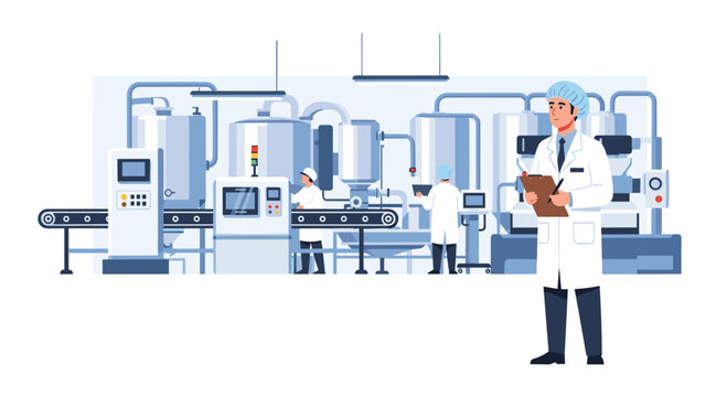 A manager in a lab coat and hairnet stands in a clean food production facility observing workers operating automated machines and tanks on a conveyor belt line.