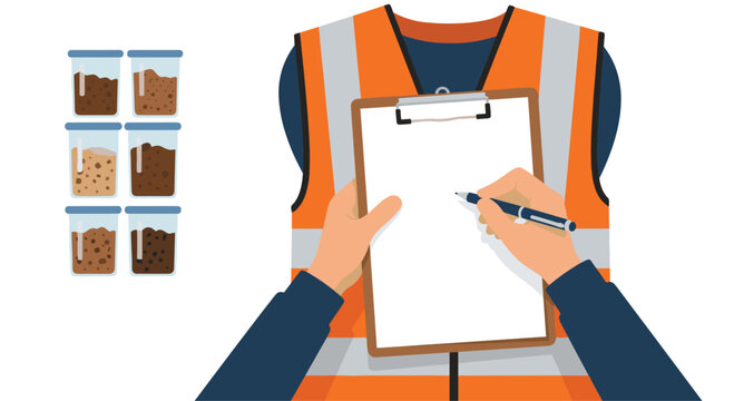 A construction worker wearing a high visibility vest carefully records notes on a clipboard while standing beside various labeled soil sample jars against a white background.