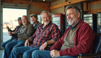 Fototapeta premium Group of men in casual clothes sit talking indoors. Truck drivers relax in chairs, sharing stories and laughs. Middle-aged pals enjoy friendly conversation and camaraderie in a break room.