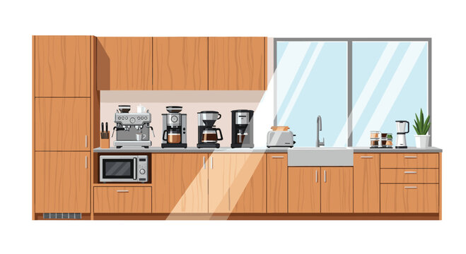 A wooden kitchen cabinet unit features various coffee brewing appliances with a built-in microwave and sink positioned under a large glass window.