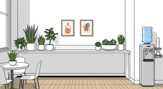 An indoor office breakroom area features a row of potted succulent plants on a long counter beside a water cooler and small bistro table.