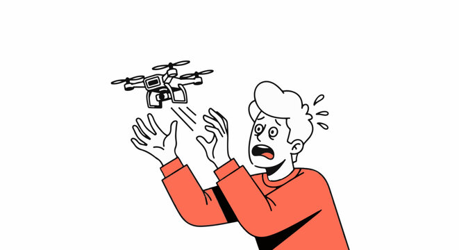 Startled man reacting to flying drone above hands.