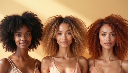Fototapeta premium Three women with diverse curly hair textures and colors smile brightly. Their natural curls look healthy, shiny, and well-defined showcasing beautiful hair diversity and care.