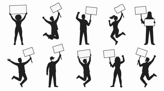 Professional Protest Crowd Silhouettes Holding Blank Signs Vector Graphic For Commercial Use
