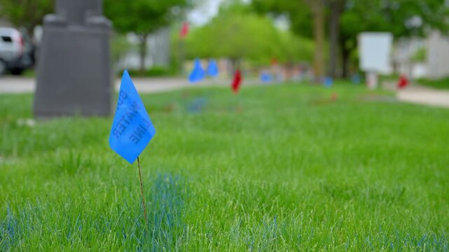 Blue and red buried water line utility marker flag in grass. safety warning. Close up view shoot
