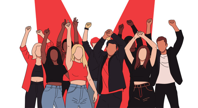 A crowd of diverse individuals stands with arms raised in a gesture of celebration and unity against a stark white background with a large red letter M.