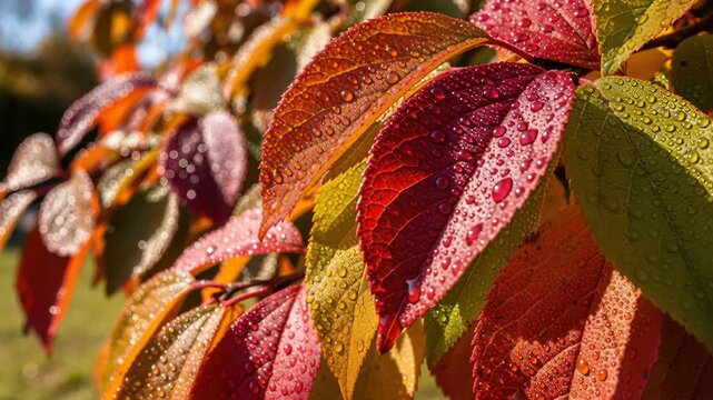 Autumn Leaves with Dew Drops: Vibrant autumn leaves showcase a spectrum of warm colors, adorned with glistening dew drops, hinting at the approaching cooler season.