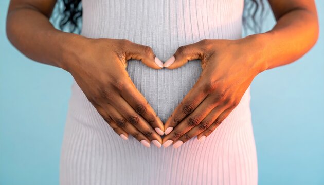 Healthy young woman makes a heart shape on her stomach