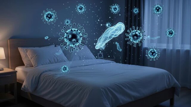 Virus Attack on Bedroom: A dimly lit bedroom becomes a battleground as microscopic viruses and bacteria, depicted in glowing blue 3D models, float ominously around the bed and nightstand.