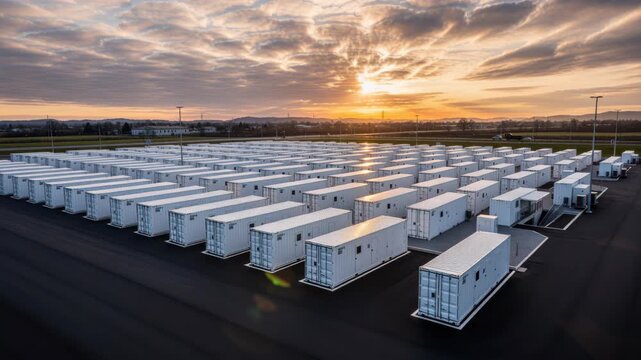 Grid of Energy Storage Units: An expansive grid of modern energy storage containers is set up outdoors under a dramatic sky at sunrise, highlighting industrial infrastructure.