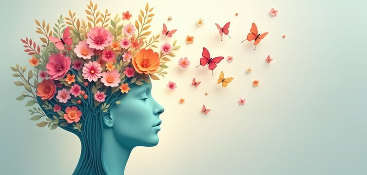 Woman head with blooming flowers and flying butterflies. Concept of happy mind positive thinking mental health and inner peace, creative ideas blossom.