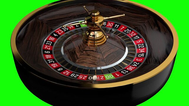 Casino Roulette Wheel Spinning and Ball in Flight - Isolated on Green Background