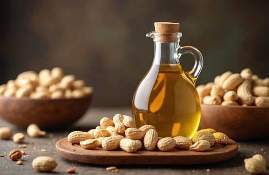 Golden peanut oil in glass decanter next to whole peanuts in shells. Two wooden bowls filled with peanuts. Healthy food ingredient for cooking or snacks.