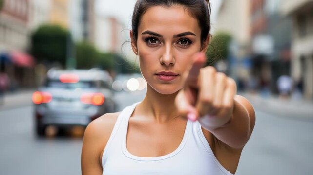 You Are The One: A determined young woman in a white tank top points directly at the viewer with a resolute expression, standing on a city street with blurred traffic in the background.