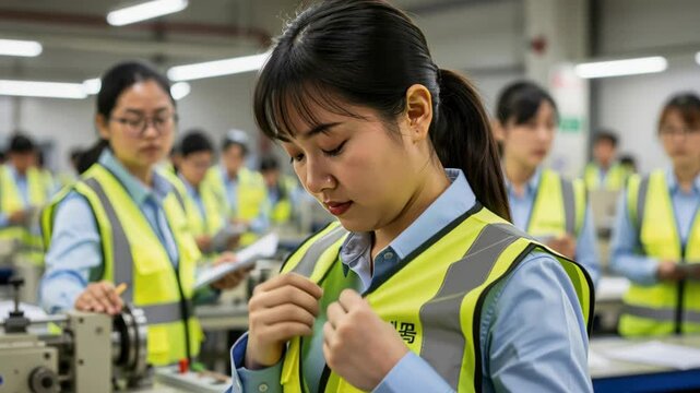 Focus on Production: A diligent female worker in a yellow safety vest meticulously adjusts her garment amidst a bustling factory floor, surrounded by her colleagues engaged in various assembly tasks.
