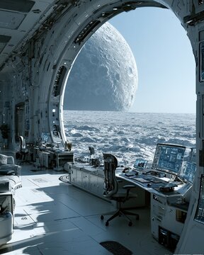 Futuristic Office Workspace in Moon Base with Panoramic View