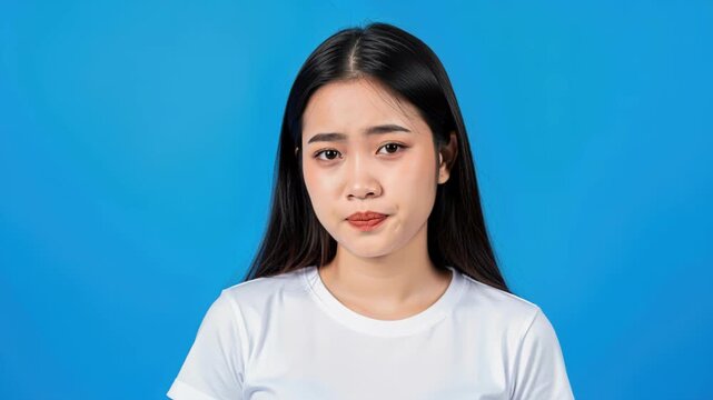 Asian Girl Sad Expression: A young Asian girl with long black hair and a white t-shirt displays a sad and disappointed expression, her eyes looking slightly downcast against a vibrant blue background.