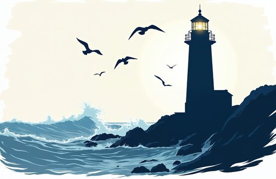 Dark blue lighthouse stands on rocky shore near sea waves. Seagulls fly above choppy ocean water under pale sky. Maritime beacon guides ships safety.
