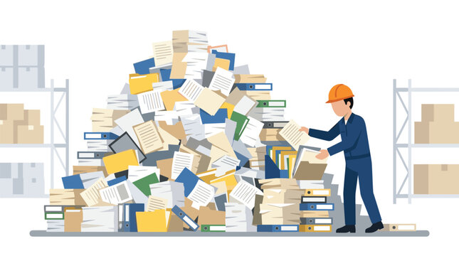 A worker in a hard hat sorts through a giant, messy pile of documents, binders, and folders.