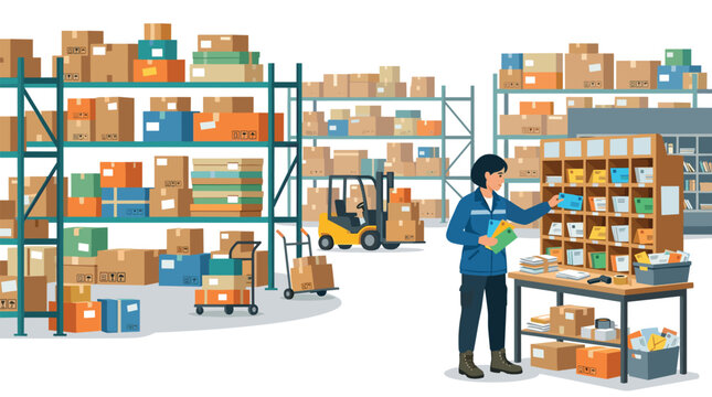 A postal worker organizes mail on a grid station in a warehouse with shelves of boxes and a forklift.