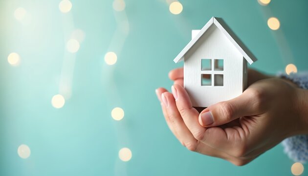 Hands hold small white house model against blurred lights bokeh background. Gentle care protects tiny dwelling. Safe home concept. Real estate investment.