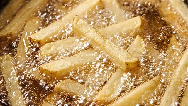 Crispy French Fries Frying in Turbulent Hot Oil With Bubbles and Effervescence