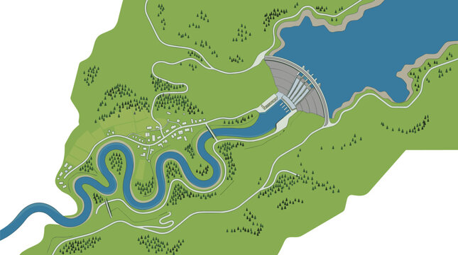 Top-down view of a large dam and reservoir situated on a winding river, with a nearby village and roads in a green landscape.