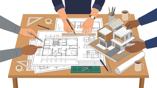 Diverse team of architects and designers collaborating on a detailed house blueprint and model on a wooden table with drafting tools.