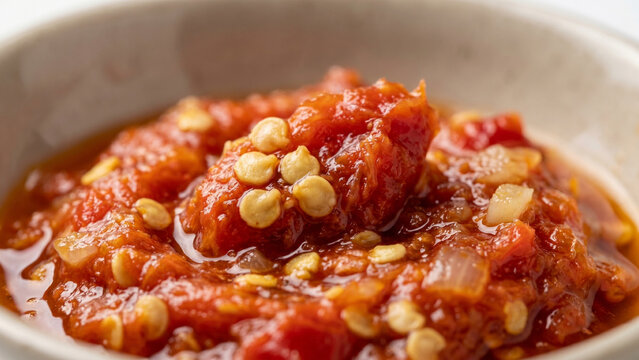Traditional indonesian sambal chili paste bowl close up