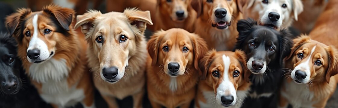 Multiple dogs of various breeds, colors stand close together, looking attentively forward. Group of canine companions expresses unity, cooperative spirit, showing social nature, pack mentality.