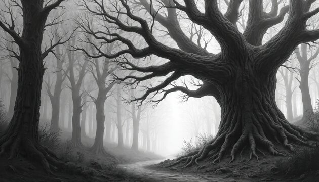 Gnarled ancient oak tree with twisted branches in a dense, foggy forest. A winding path leads into the mist. Dark, eerie atmosphere suggests mystery or danger.