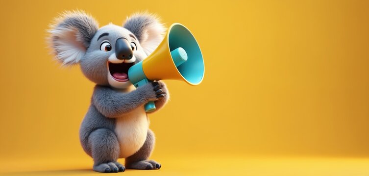Fluffy koala bear holds yellow megaphone shouting news. Cute cartoon animal makes announcement in studio. This illustration promotes product or service with funny character.