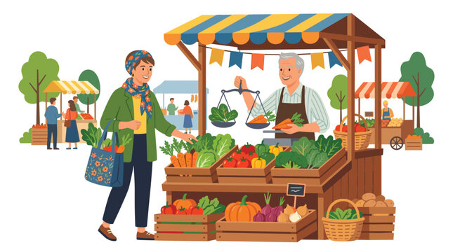 A woman with a tote bag buys fresh vegetables from a smiling vendor at a wooden street market stall decorated with colorful bunting on a sunny day.
