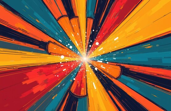 Bright abstract background with radial burst of vibrant colors. Dynamic lines and shapes create sense of motion. Generative art for modern design projects.