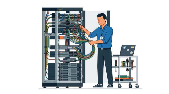 IT technician in blue shirt managing colorful cables in front of a large, complex server rack with a laptop nearby.