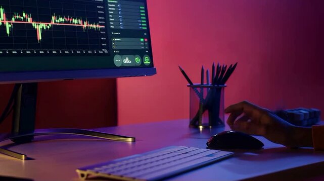Night Owl Tech Workspace with Financial Charts on Computer Monitor and Hand Using Mouse