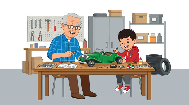 An elderly man and a young boy assemble a green toy car together at a wooden workbench inside a cluttered workshop with shelves and tools.